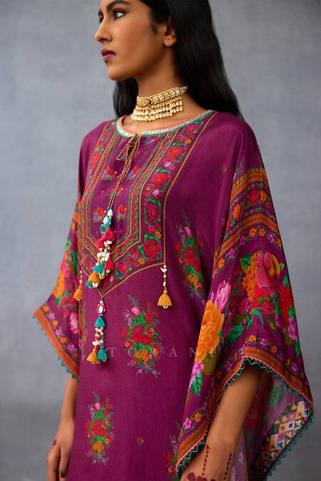 Torani_Purple Muslin, Silk Gota Patti Round Neck Dil Kusha Shirin Ambrosia Print Kaftan _at_Aza_Fashions