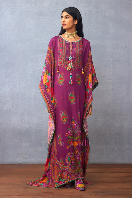 Buy_Torani_Purple Muslin, Silk Gota Patti Round Neck Dil Kusha Shirin Ambrosia Print Kaftan 