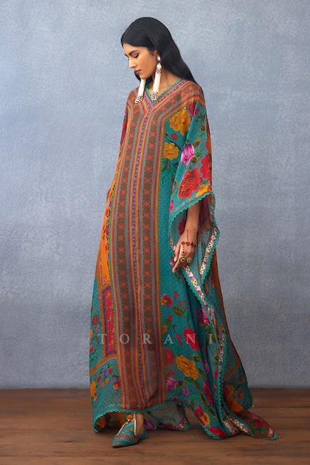 Torani Blue Organza V-neck Dil Rang Aziya Bloom Bed Print Kaftan Online at Aza Fashions Torani_Blue Organza V-neck Dil Rang Aziya Bloom Bed Print Kaftan _Online_at_Aza_Fashions
