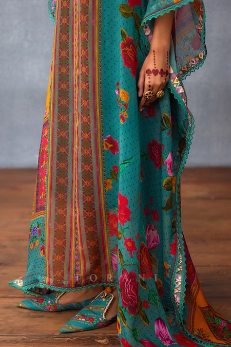 Buy Torani Blue Organza V-neck Dil Rang Aziya Bloom Bed Print Kaftan Online at Aza Fashions Buy_Torani_Blue Organza V-neck Dil Rang Aziya Bloom Bed Print Kaftan _Online_at_Aza_Fashions