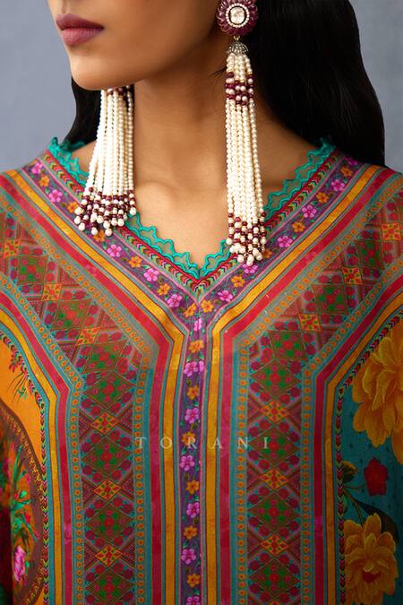 Shop Torani Blue Organza V-neck Dil Rang Aziya Bloom Bed Print Kaftan Online at Aza Fashions Shop_Torani_Blue Organza V-neck Dil Rang Aziya Bloom Bed Print Kaftan _Online_at_Aza_Fashions