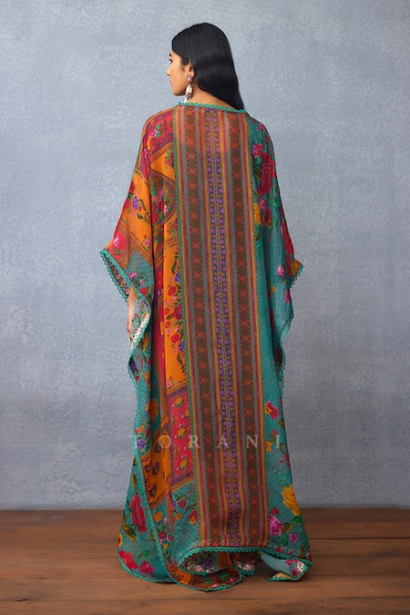 Shop Torani Blue Organza V-neck Dil Rang Aziya Bloom Bed Print Kaftan at Aza Fashions Shop_Torani_Blue Organza V-neck Dil Rang Aziya Bloom Bed Print Kaftan _at_Aza_Fashions