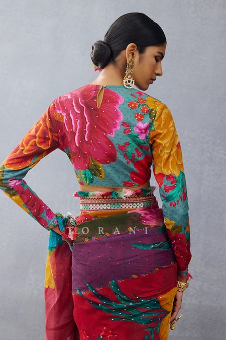 Shop Torani Multi Color Silk Sequins Round Neck Dil Rang Nigar Phool Print Blouse at Aza Fashions Shop_Torani_Multi Color Silk Sequins Round Neck Dil Rang Nigar Phool Print Blouse _at_Aza_Fashions
