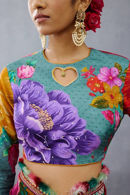 Shop Torani Multi Color Silk Sequins Round Neck Dil Rang Nigar Phool Print Blouse Online at Aza Fashions Shop_Torani_Multi Color Silk Sequins Round Neck Dil Rang Nigar Phool Print Blouse _Online_at_Aza_Fashions