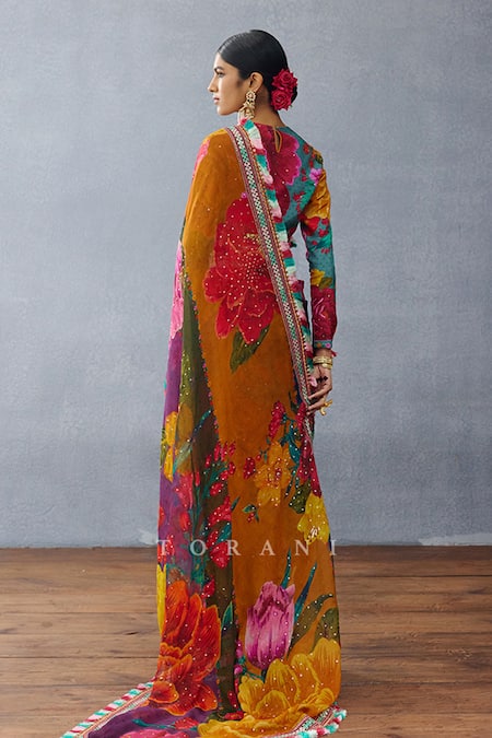 Shop Torani Multi Color Organza Sequins, Tassels Dil Rang Nigar Phool Aashiyana Print Saree at Aza Fashions Shop_Torani_Multi Color Organza Sequins, Tassels Dil Rang Nigar Phool Aashiyana Print Saree _at_Aza_Fashions