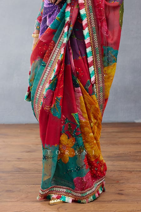 Shop Torani Multi Color Organza Sequins, Tassels Dil Rang Nigar Phool Aashiyana Print Saree Online at Aza Fashions Shop_Torani_Multi Color Organza Sequins, Tassels Dil Rang Nigar Phool Aashiyana Print Saree _Online_at_Aza_Fashions