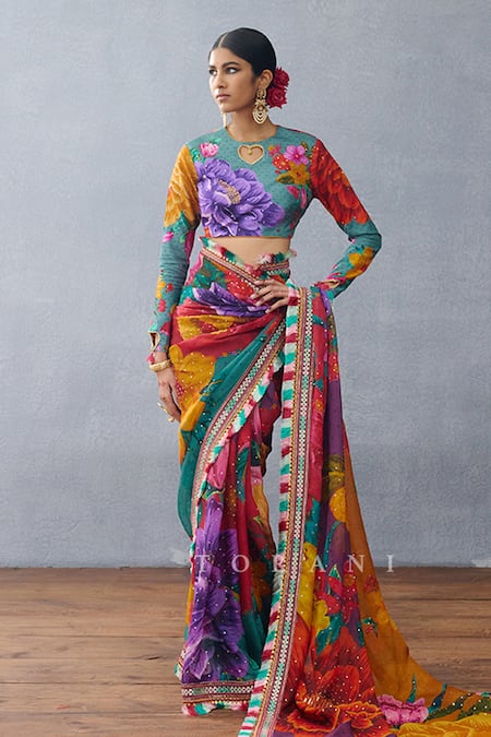 Torani Multi Color Organza Sequins, Tassels Dil Rang Nigar Phool Aashiyana Print Saree at Aza Fashions Torani_Multi Color Organza Sequins, Tassels Dil Rang Nigar Phool Aashiyana Print Saree _at_Aza_Fashions