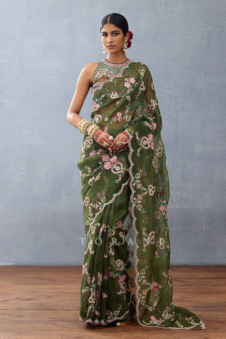 Torani_Green Cotton, Silk, Net Sequins, Embroidery Halter Dil Saaz Raha Fleur Blouse _Online_at_Aza_Fashions