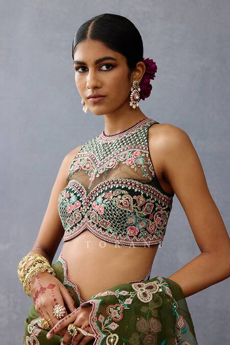 Buy_Torani_Green Cotton, Silk, Net Sequins, Embroidery Halter Dil Saaz Raha Fleur Blouse _Online_at_Aza_Fashions