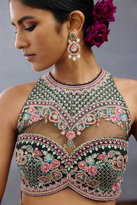 Shop_Torani_Green Cotton, Silk, Net Sequins, Embroidery Halter Dil Saaz Raha Fleur Blouse _Online_at_Aza_Fashions