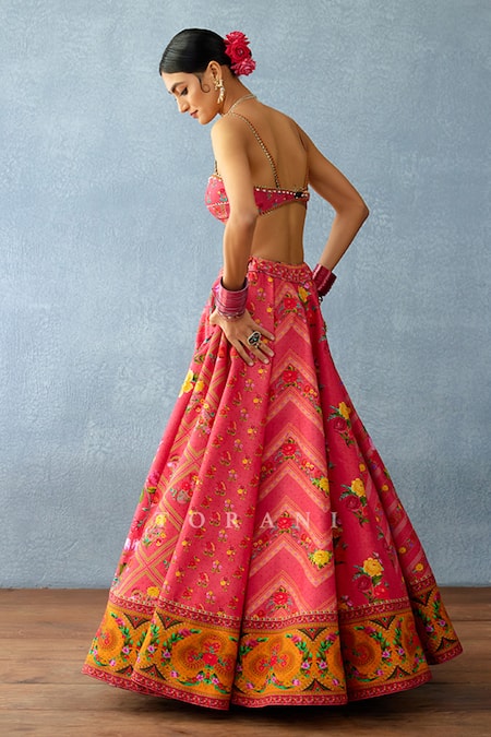 Torani_Pink Jersey, Organza Beads, Tassels, Dil Ruba Aria Chevron Print Lehenga Set _Online_at_Aza_Fashions