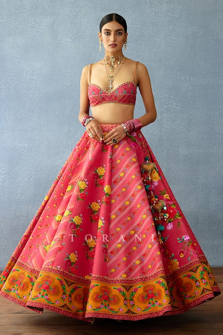 Shop_Torani_Pink Jersey, Organza Beads, Tassels, Dil Ruba Aria Chevron Print Lehenga Set _Online_at_Aza_Fashions