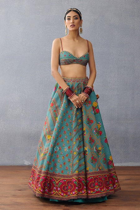 Torani Blue Jersey, Silk Beads, Embroidery, Aqua Printed Lehenga Set With Blouse Online at Aza Fashions Torani_Blue Jersey, Silk Beads, Embroidery, Aqua Printed Lehenga Set With Blouse _Online_at_Aza_Fashions