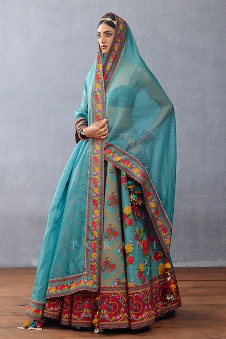 Torani Blue Jersey, Silk Beads, Embroidery, Aqua Printed Lehenga Set With Blouse at Aza Fashions Torani_Blue Jersey, Silk Beads, Embroidery, Aqua Printed Lehenga Set With Blouse _at_Aza_Fashions