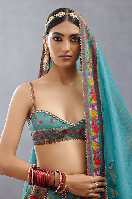 Shop Torani Blue Jersey, Silk Beads, Embroidery, Aqua Printed Lehenga Set With Blouse Shop_Torani_Blue Jersey, Silk Beads, Embroidery, Aqua Printed Lehenga Set With Blouse