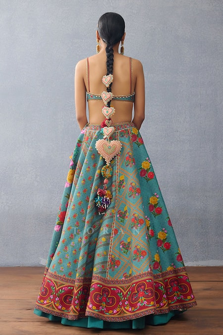 Shop Torani Blue Jersey, Silk Beads, Embroidery, Aqua Printed Lehenga Set With Blouse at Aza Fashions Shop_Torani_Blue Jersey, Silk Beads, Embroidery, Aqua Printed Lehenga Set With Blouse _at_Aza_Fashions