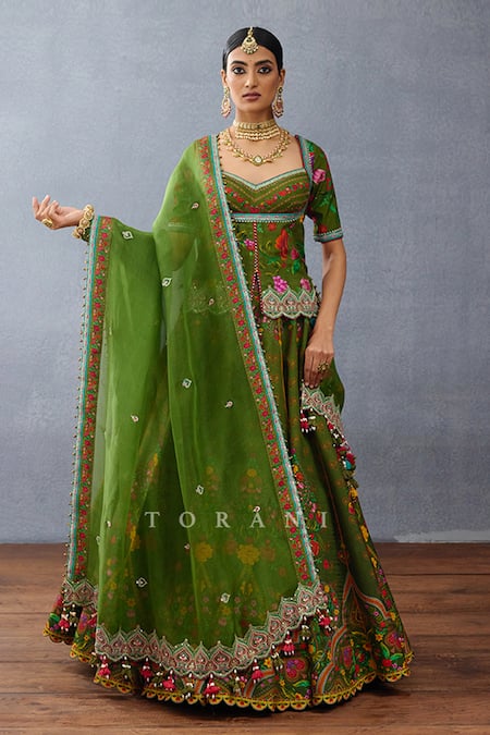 Torani Green Jeni Silk Printed Rose Dil Saaz Lara Bridal Lehenga Set 