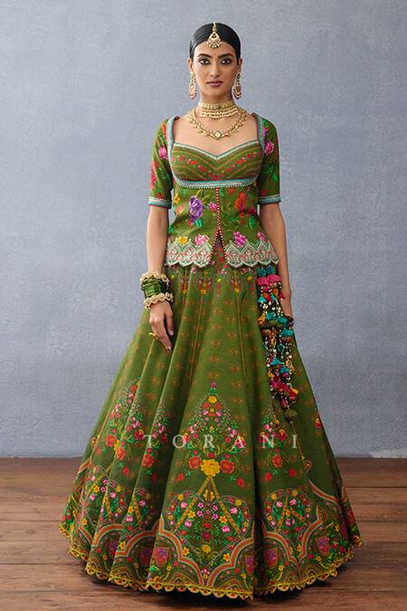 Torani_Green Jersey, Silk Embroidery, Gota Patti Dil Saaz Lara Print Bridal Lehenga Set _Online_at_Aza_Fashions