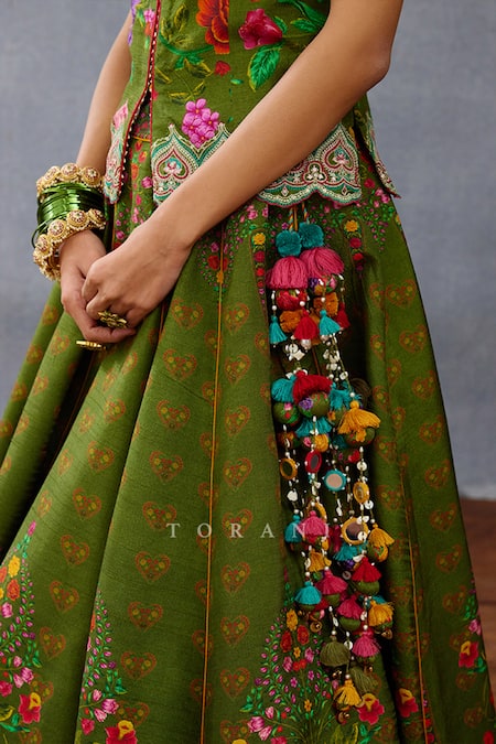 Buy_Torani_Green Jersey, Silk Embroidery, Gota Patti Dil Saaz Lara Print Bridal Lehenga Set _Online_at_Aza_Fashions
