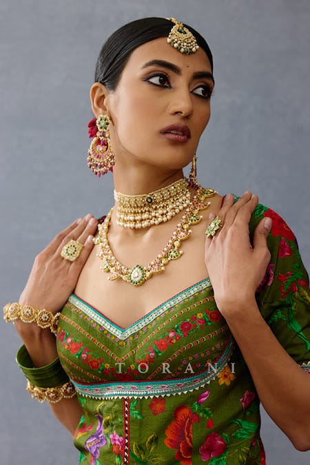 Shop_Torani_Green Jersey, Silk Embroidery, Gota Patti Dil Saaz Lara Print Bridal Lehenga Set _Online_at_Aza_Fashions