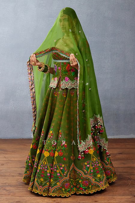 Torani_Green Jersey, Silk Embroidery, Gota Patti Dil Saaz Lara Print Bridal Lehenga Set _at_Aza_Fashions