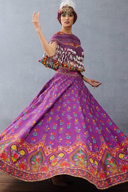 Shop Torani Purple Silk Sequins, Tassels Round Neck Dil Kusha Ava Print Lehenga And Blouse Set Shop_Torani_Purple Silk Sequins, Tassels Round Neck Dil Kusha Ava Print Lehenga And Blouse Set