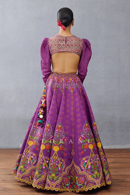 Shop_Torani_Purple Jersey Embroidery, Sequins Round Neck Mughal Floral Lehenga Set _at_Aza_Fashions