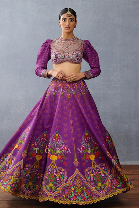 Torani_Purple Jersey Embroidery, Sequins Round Neck Mughal Floral Lehenga Set _Online_at_Aza_Fashions