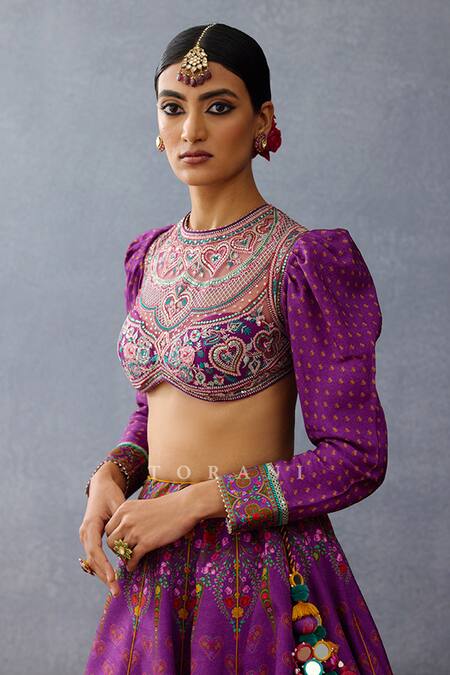 Buy_Torani_Purple Jersey Embroidery, Sequins Round Neck Mughal Floral Lehenga Set _Online_at_Aza_Fashions