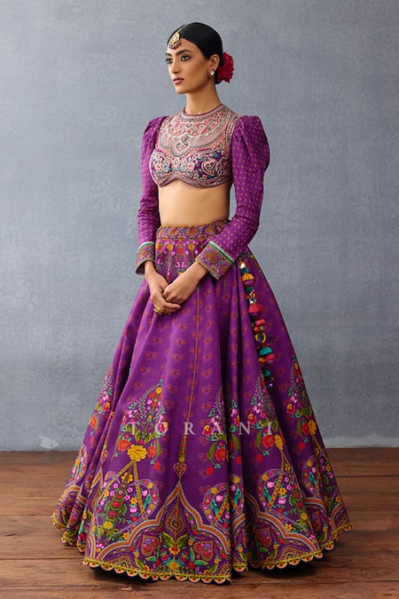 Shop_Torani_Purple Jersey Embroidery, Sequins Round Neck Mughal Floral Lehenga Set _Online_at_Aza_Fashions