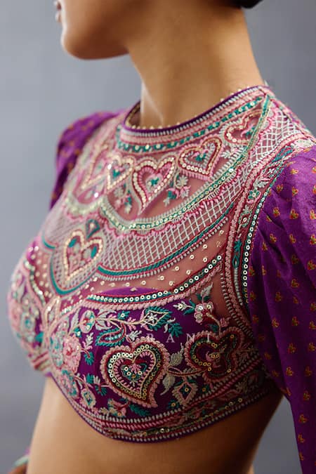 Torani_Purple Jersey Embroidery, Sequins Round Neck Mughal Floral Lehenga Set _at_Aza_Fashions