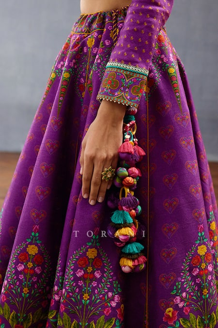 Buy_Torani_Purple Jersey Embroidery, Sequins Round Neck Mughal Floral Lehenga Set 