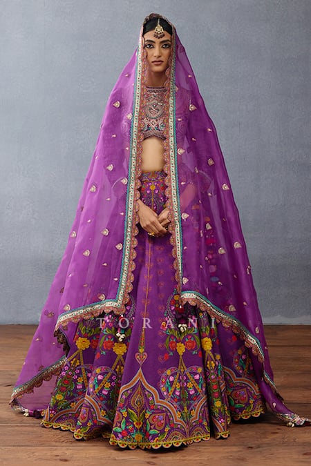 Shop_Torani_Purple Jersey Embroidery, Sequins Round Neck Mughal Floral Lehenga Set 