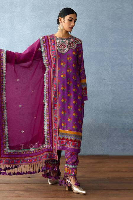 Torani Purple Kota Doria, Silk Embroidery, Sequins, Dil Kusha Sameena Print Kurta Set at Aza Fashions Torani_Purple Kota Doria, Silk Embroidery, Sequins, Dil Kusha Sameena Print Kurta Set _at_Aza_Fashions