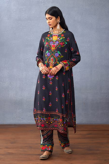Shop_Torani_Black Cotton, Silk Sequins, Embroidery Dil Shaad Fareha Print Kurta Pant Set _Online_at_Aza_Fashions