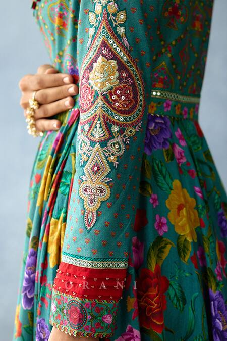 Torani_Blue Organza, Jersey Beads, Sequins, Dil Nawaz Nimat Print Anarkali With Dupatta _Online_at_Aza_Fashions