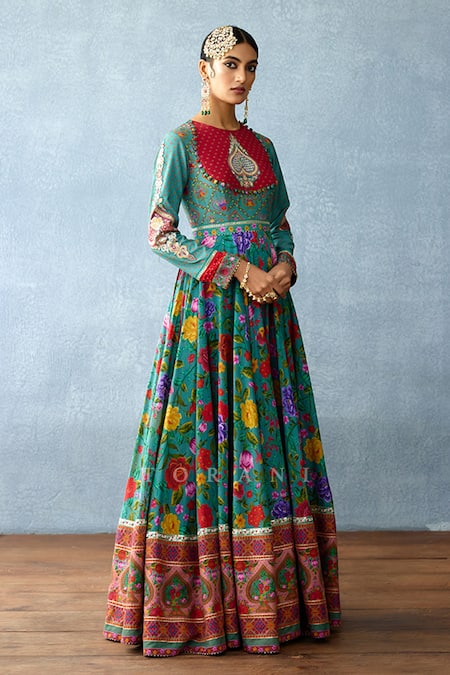 Buy_Torani_Blue Organza, Jersey Beads, Sequins, Dil Nawaz Nimat Print Anarkali With Dupatta _Online_at_Aza_Fashions