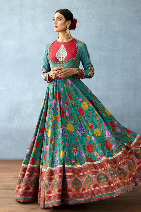 Shop_Torani_Blue Organza, Jersey Beads, Sequins, Dil Nawaz Nimat Print Anarkali With Dupatta _Online_at_Aza_Fashions