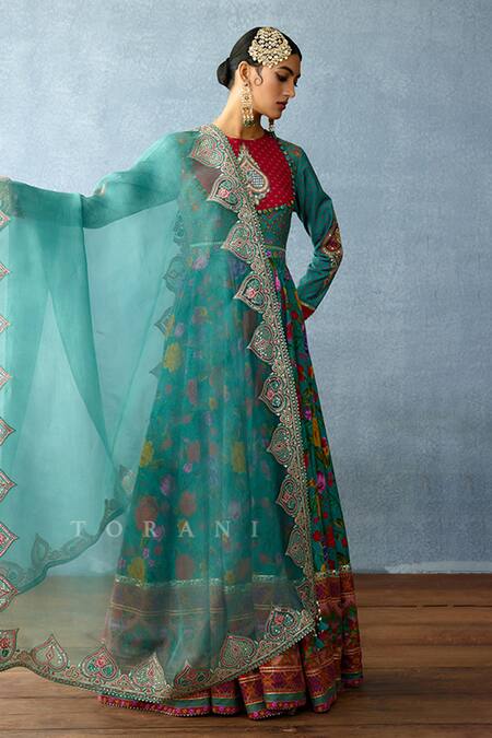 Buy_Torani_Blue Organza, Jersey Beads, Sequins, Dil Nawaz Nimat Print Anarkali With Dupatta 