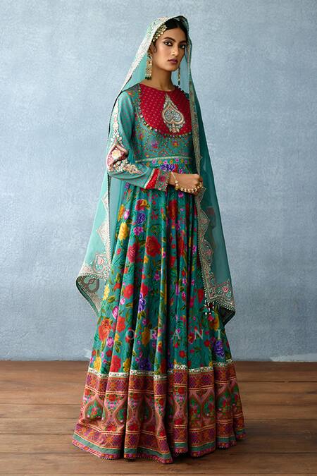 Shop_Torani_Blue Organza, Jersey Beads, Sequins, Dil Nawaz Nimat Print Anarkali With Dupatta 