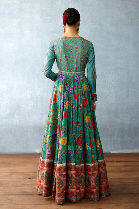 Shop_Torani_Blue Organza, Jersey Beads, Sequins, Dil Nawaz Nimat Print Anarkali With Dupatta _at_Aza_Fashions