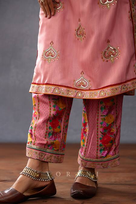 Buy Torani Pink Cotton, Silk Sequins, Embroidery Split V-neck Dil Ruba Asma Kurta Set Buy_Torani_Pink Cotton, Silk Sequins, Embroidery Split V-neck Dil Ruba Asma Kurta Set