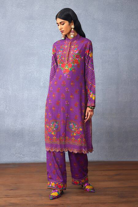 Shop Torani Purple Cotton, Silk Embroidery Mandarin Collar Dil Kusha Zainab Print Kurta Set Online at Aza Fashions Shop_Torani_Purple Cotton, Silk Embroidery Mandarin Collar Dil Kusha Zainab Print Kurta Set _Online_at_Aza_Fashions