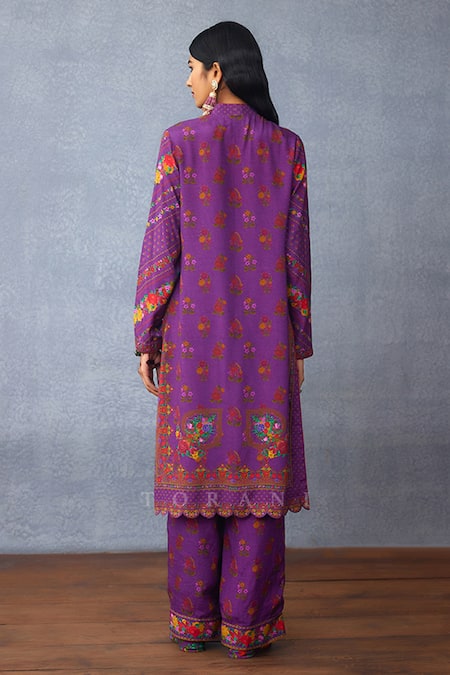Shop Torani Purple Cotton, Silk Embroidery Mandarin Collar Dil Kusha Zainab Print Kurta Set at Aza Fashions Shop_Torani_Purple Cotton, Silk Embroidery Mandarin Collar Dil Kusha Zainab Print Kurta Set _at_Aza_Fashions