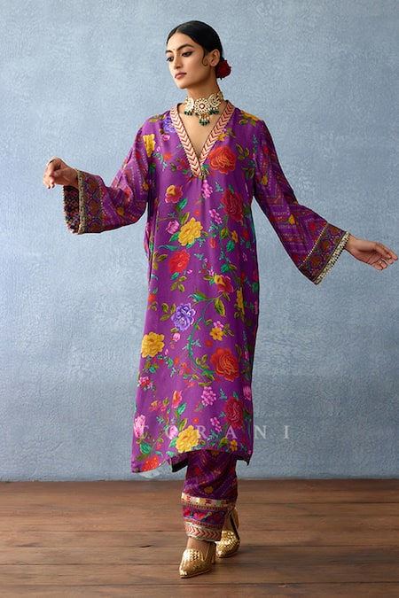 Torani Purple Cotton, Silk Embroidery, Gota Patti Dil Kusha Gazal Rose Print Kurta Set Online at Aza Fashions Torani_Purple Cotton, Silk Embroidery, Gota Patti Dil Kusha Gazal Rose Print Kurta Set _Online_at_Aza_Fashions