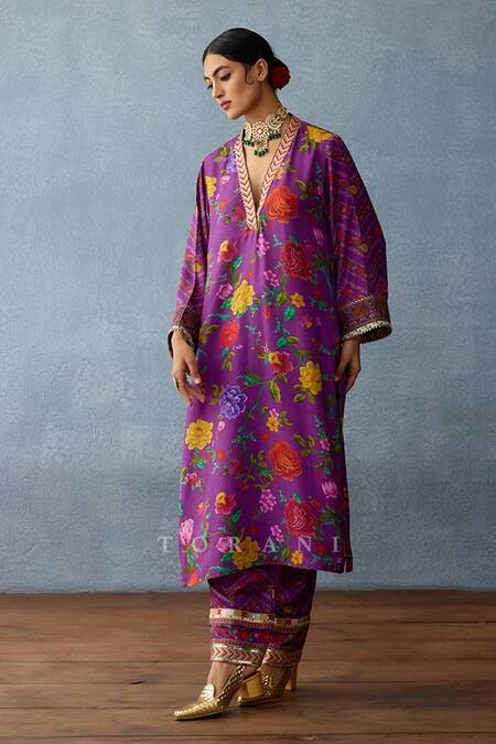 Buy Torani Purple Cotton, Silk Embroidery, Gota Patti Dil Kusha Gazal Rose Print Kurta Set Online at Aza Fashions Buy_Torani_Purple Cotton, Silk Embroidery, Gota Patti Dil Kusha Gazal Rose Print Kurta Set _Online_at_Aza_Fashions