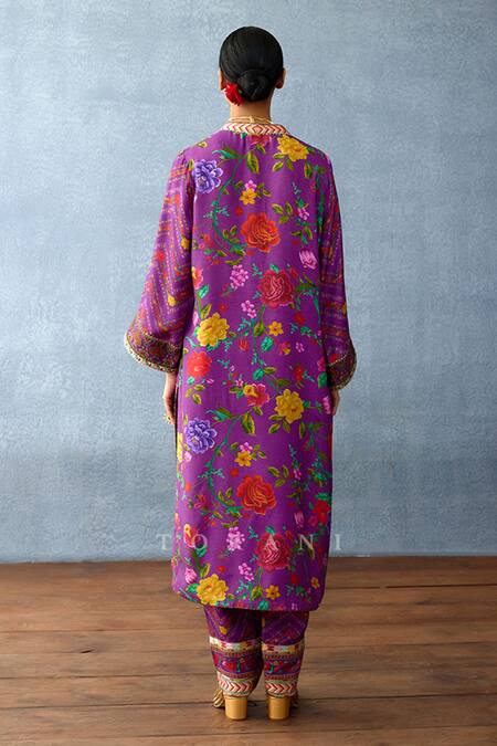 Shop Torani Purple Cotton, Silk Embroidery, Gota Patti Dil Kusha Gazal Rose Print Kurta Set Online at Aza Fashions Shop_Torani_Purple Cotton, Silk Embroidery, Gota Patti Dil Kusha Gazal Rose Print Kurta Set _Online_at_Aza_Fashions