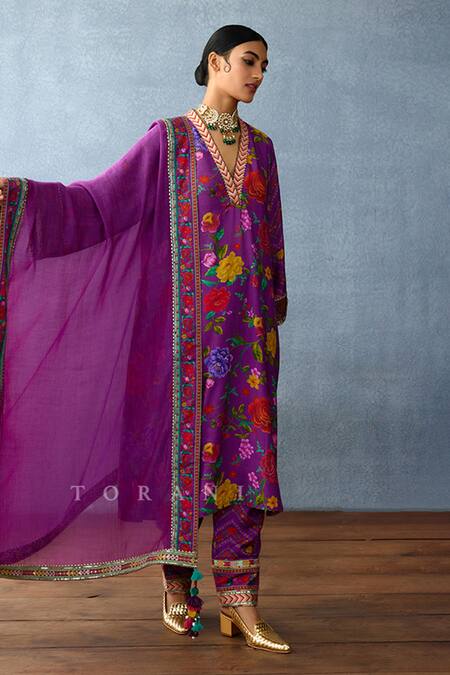 Torani Purple Cotton, Silk Embroidery, Gota Patti Dil Kusha Gazal Rose Print Kurta Set at Aza Fashions Torani_Purple Cotton, Silk Embroidery, Gota Patti Dil Kusha Gazal Rose Print Kurta Set _at_Aza_Fashions