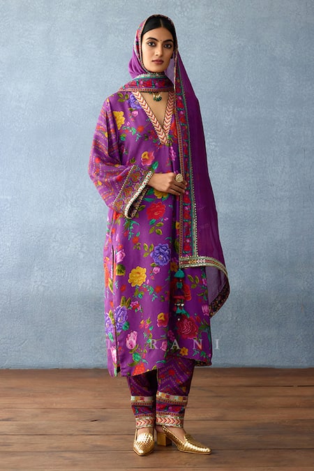 Buy Torani Purple Cotton, Silk Embroidery, Gota Patti Dil Kusha Gazal Rose Print Kurta Set Buy_Torani_Purple Cotton, Silk Embroidery, Gota Patti Dil Kusha Gazal Rose Print Kurta Set