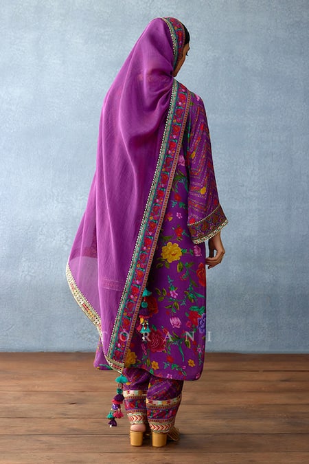 Shop Torani Purple Cotton, Silk Embroidery, Gota Patti Dil Kusha Gazal Rose Print Kurta Set at Aza Fashions Shop_Torani_Purple Cotton, Silk Embroidery, Gota Patti Dil Kusha Gazal Rose Print Kurta Set _at_Aza_Fashions